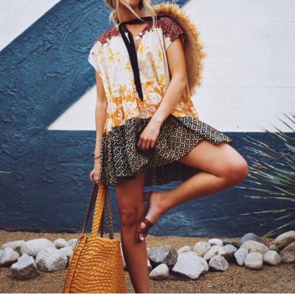 Boho Mixed-Print Summer Tunic Dress in Mustard & Olive